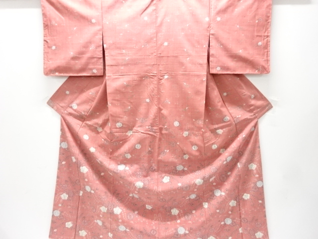 未使用品　仕立て上がり　草花模様織り出し手織り紬付け下げ着物